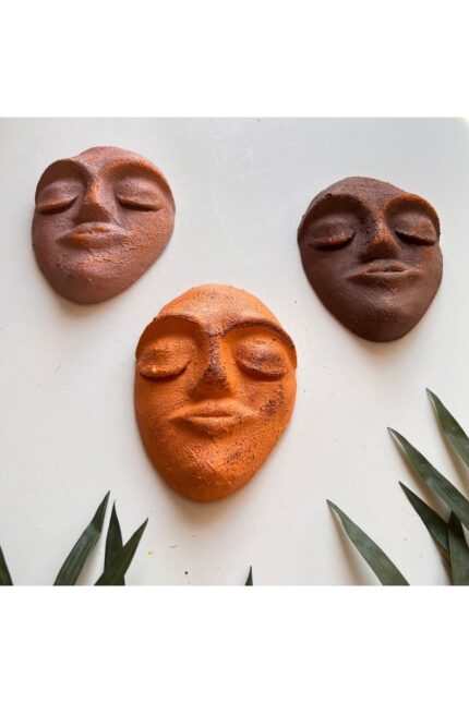 El Yapımı Yüz Heykeli Taş Duvar Dekoru 3'li Set, Modern Tasarım, Eskitme Taş Görünümlü Duvar Mask