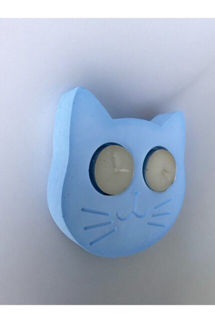 Mavi Kedi Şekilli Beton Mumluk - El Yapımı Dekoratif Çay Işığı tealight Mumluk - Minimalist Kedi Te