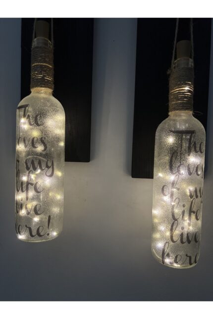 Siyah Ahşap Dekorlu Ferforje Bağlantılı Peri Led Buzlu Cam Şarap Şişesi Aplik Set