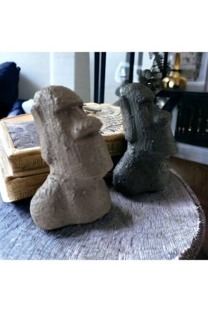 El Yapımı Beton Moai Paskalya Adası Dekoratif Heykel Hediyelik Biblo Ev Tasarım Dekoru 2 Li Set